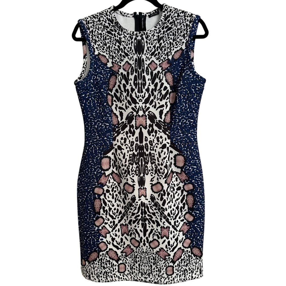 Yigal Azrouël Mixed Animal Print Scuba Sheath Dress Blue Python Leopard 4/6